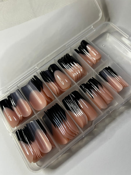 Glossy black French tip peach pink nude 120 pieces long tapered square