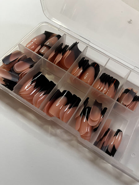 Medium short black French tip pink nude 120 pieces tapered square